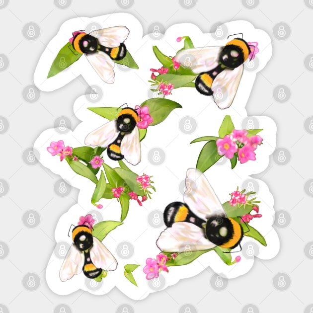 Honeybees at work - bumble bees  extracting nectar and pollen from pretty pink flowers save the bees Flora and fauna foliage Sticker by Artonmytee